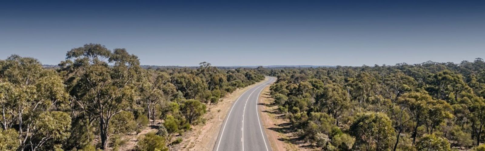 Aerial view of a sealed Australian rural road through bushland, header banner for the CDD Tender Writer toolkit